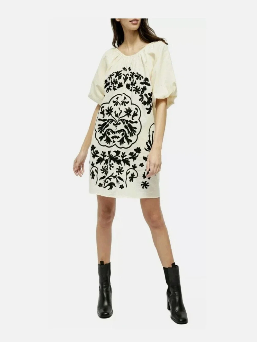 Free People Fiona Embroidered Mini Dress Size M Linen Cream Black